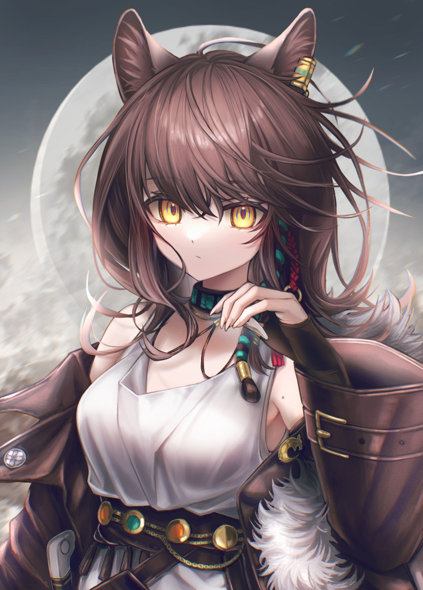 1girl 3_(sanyako1) absurdres animal_ears arknights belt brown_hair dress fingerless_gloves full_moon gloves highres jacket jewelry leather leather_jacket lunacub_(arknights) moon necklace tooth_necklace white_dress wind yellow_eyes