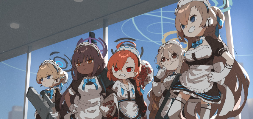 5girls akane_(blue_archive) amonitto apron arm_up asuna_(blue_archive) black_dress black_hair blonde_hair blue_archive blue_eyes braid brown_hair bun_cover clenched_teeth closed_mouth day dress ear_piercing glasses gloves grin hair_between_eyes hair_ribbon halo hand_on_own_hip headset highres holding holding_weapon indoors jacket karin_(blue_archive) long_hair maid maid_headdress multiple_girls neru_(blue_archive) off_shoulder orange_hair piercing red_eyes ribbon shirt side_braid smile teeth thigh-highs toki_(blue_archive) very_long_hair weapon white_apron white_gloves white_thighhighs window