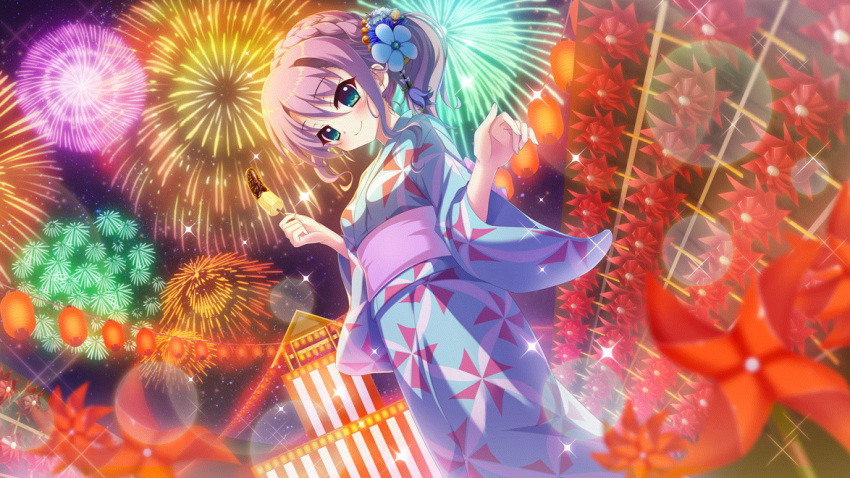 1girl architecture beads blue_eyes blue_flower blue_kimono blush braid chocolate_banana dot_nose dutch_angle east_asian_architecture film_grain fireworks flower food from_below game_cg hair_beads hair_flower hair_ornament high_ponytail holding holding_food izumi_tsubasu japanese_clothes kimono lantern lens_flare looking_at_viewer night night_sky non-web_source official_art paper_lantern pinwheel print_kimono purple_hair purple_sash re:stage! sash sky smile solo sparkle sprinkles star_(sky) starry_sky striped tsukisaka_sayu vertical_stripes