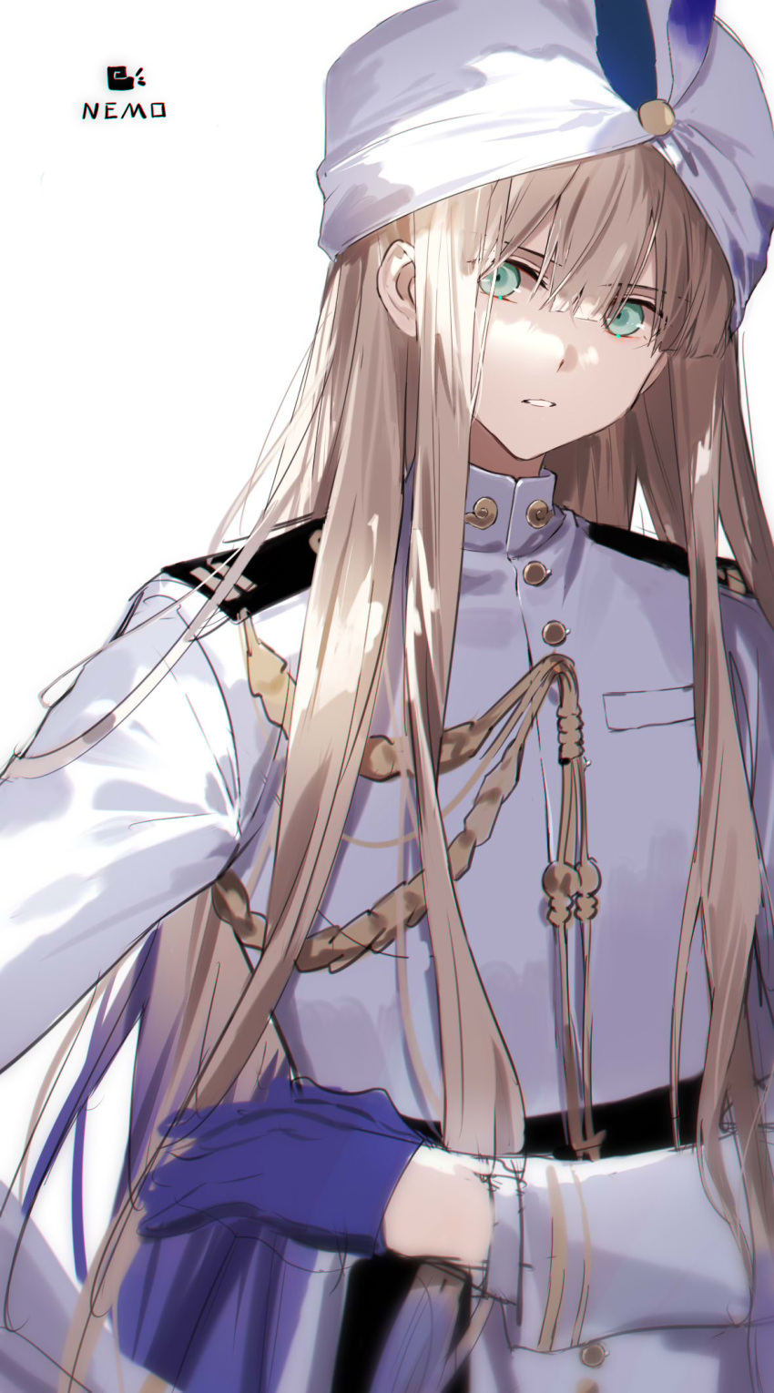 1boy aiguillette blue_gloves bsq buttons captain_nemo_(fate) character_name fate/grand_order fate_(series) gloves green_eyes hair_between_eyes hat_feather highres jacket long_hair long_sleeves looking_at_viewer male_focus military military_uniform naval_uniform nemo_(fate) noah_(fate) sidelocks simple_background solo turban uniform upper_body very_long_hair white_background white_headwear white_jacket