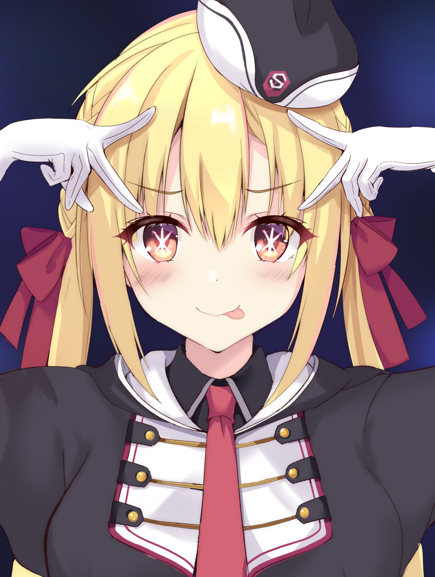 1girl :p absurdres arihara_nanami black_headwear black_jacket blonde_hair blue_background blush braid breasts chromatic_aberration closed_mouth commentary double-parted_bangs double_v eyelashes eyes_visible_through_hair garrison_cap gloves hair_between_eyes hair_ribbon hands_up hat highres hood hood_down hooded_jacket hoshino_ai's_pose jacket large_breasts long_hair looking_at_viewer low_twintails military military_uniform mini_hat necktie purunyara red_eyes red_necktie red_ribbon ribbon riddle_joker side_braids simple_background smile solo star-shaped_pupils star_(symbol) straight-on straight_hair symbol-shaped_pupils tongue tongue_out twintails uniform upper_body v v_over_head white_gloves