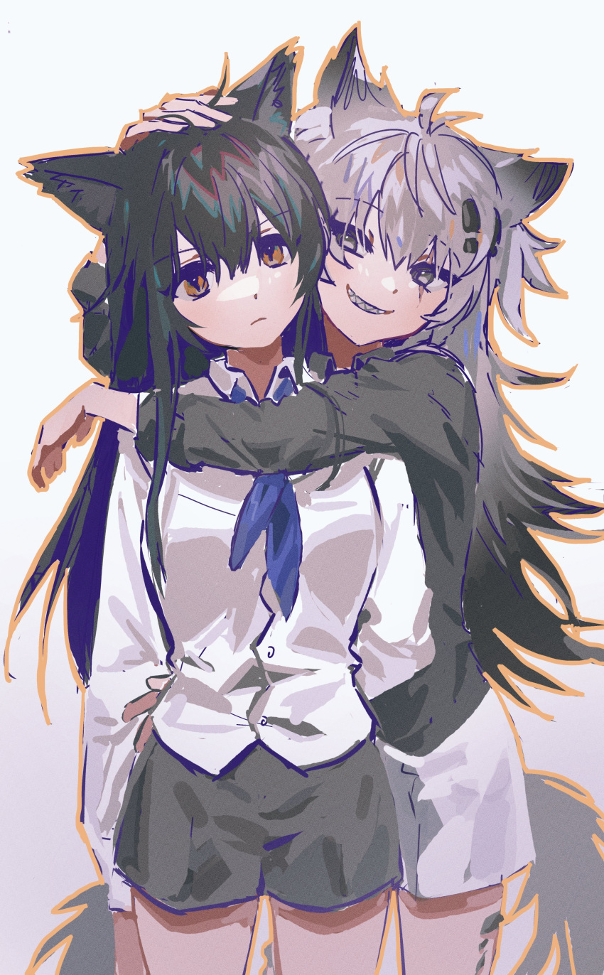 2girls absurdres animal_ears arknights arm_around_shoulder arm_behind_back black_hair black_shirt black_shorts blue_necktie closed_mouth collared_shirt commentary_request grey_eyes grin gwansimnoi09 hair_between_eyes hair_ornament hairclip headpat highres hug hug_from_behind korean_commentary lappland_(arknights) long_hair looking_at_another looking_away messy_hair multiple_girls necktie oripathy_lesion_(arknights) outline sharp_teeth shirt shorts sidelocks simple_background smile tail teeth texas_(arknights) white_background white_hair white_shirt white_shorts wolf_ears wolf_girl wolf_tail yellow_eyes yellow_outline yuri