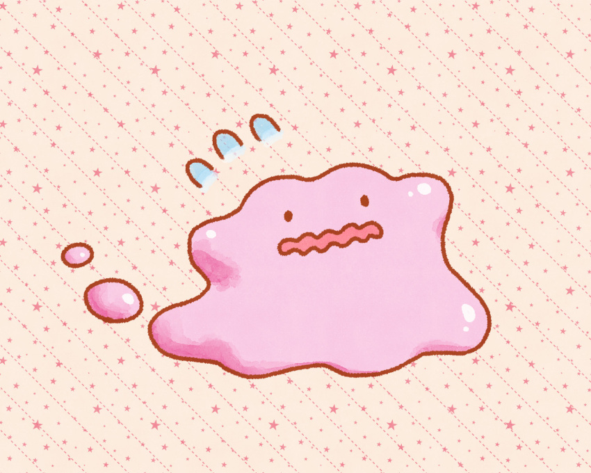 black_eyes blob creature ditto highres nervous no_humans open_mouth pokemon pokemon_(creature) siho1209 solid_circle_eyes solo star_(symbol) striped striped_background tan_background wavy_mouth