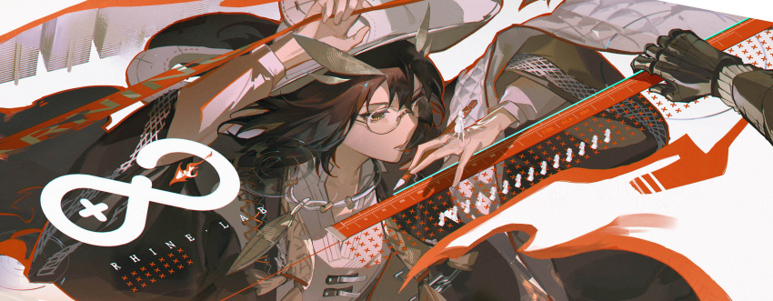 1girl absurdres arknights arms_up brown_hair brown_jacket collared_shirt feather_hair feather_necklace glasses highres holding holding_pen hologram ifrit_(arknights) jacket jewelry long_hair long_sleeves necklace out_of_frame pen rhine_lab_logo rimless_eyewear round_eyewear shirt silence_(arknights) silence_the_paradigmatic_(arknights) solo_focus upper_body white_shirt wide_sleeves yellow_eyes yipei