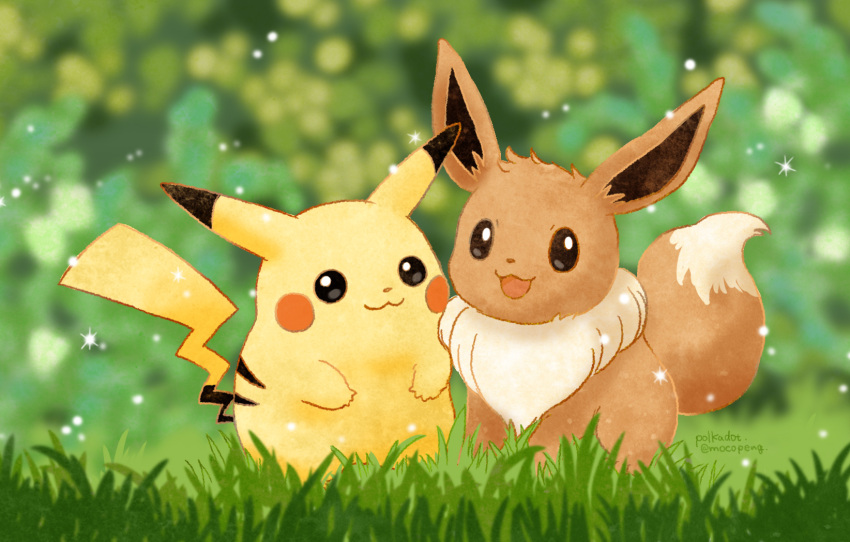 :3 black_eyes brown_fur creature eevee grass highres light_particles marking_on_cheek no_humans open_mouth outdoors pikachu pokemon pokemon_(creature) polkadot signature sparkle twitter_username yellow_fur