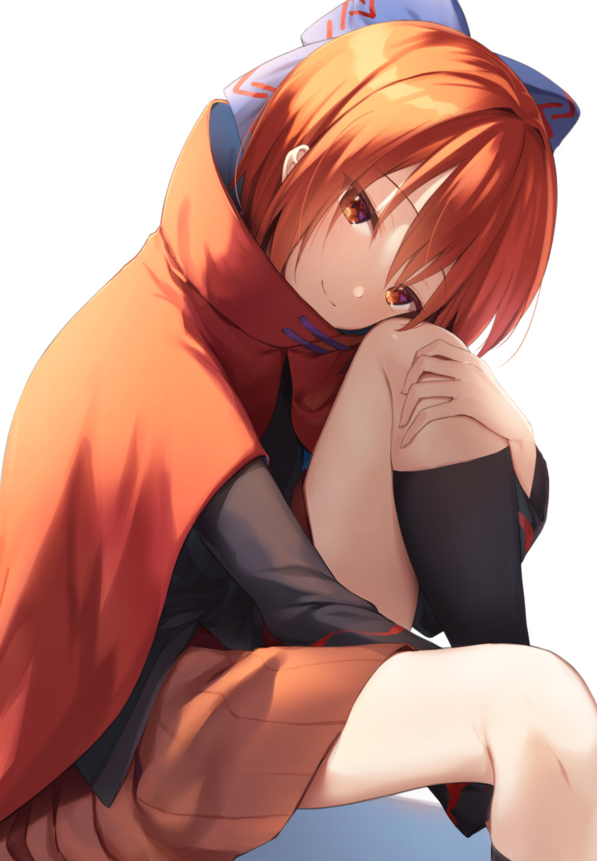 1girl bloom blue_bow bow cape eyes_visible_through_hair foot_out_of_frame hair_bow head_tilt high_collar highres knee_up kneehighs light_smile looking_at_viewer nnyara red_cape red_eyes redhead redrawn sekibanki short_hair simple_background sitting socks solo touhou white_background