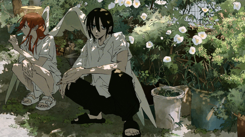 2boys angel angel_devil_(chainsaw_man) angel_wings black_hair black_pants brown_hair bush chainsaw_man dappled_sunlight flower food_in_mouth hair_between_eyes halo hand_on_own_knee hayakawa_aki highres holding_popsicle kumanooppo long_hair looking_at_viewer looking_to_the_side multiple_boys pants plant popsicle_in_mouth potted_plant sandals shirt short_hair slippers squatting sunlight white_flower white_shirt white_wings wings