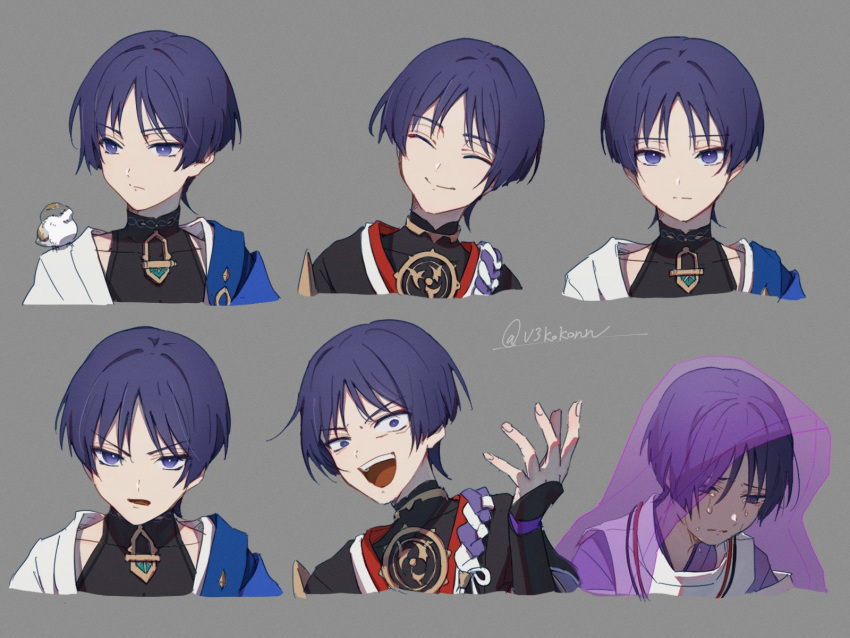 1boy animal_on_shoulder armor bird bird_on_shoulder closed_eyes closed_mouth cropped_torso crying genshin_impact grey_background highres japanese_armor japanese_clothes kitsunebi_v3kokonn kote kurokote male_focus mandarin_collar multiple_views open_mouth purple_hair scaramouche_(genshin_impact) scaramouche_(kabukimono)_(genshin_impact) simple_background tears teeth twitter_username upper_body upper_teeth_only veil wanderer_(genshin_impact)