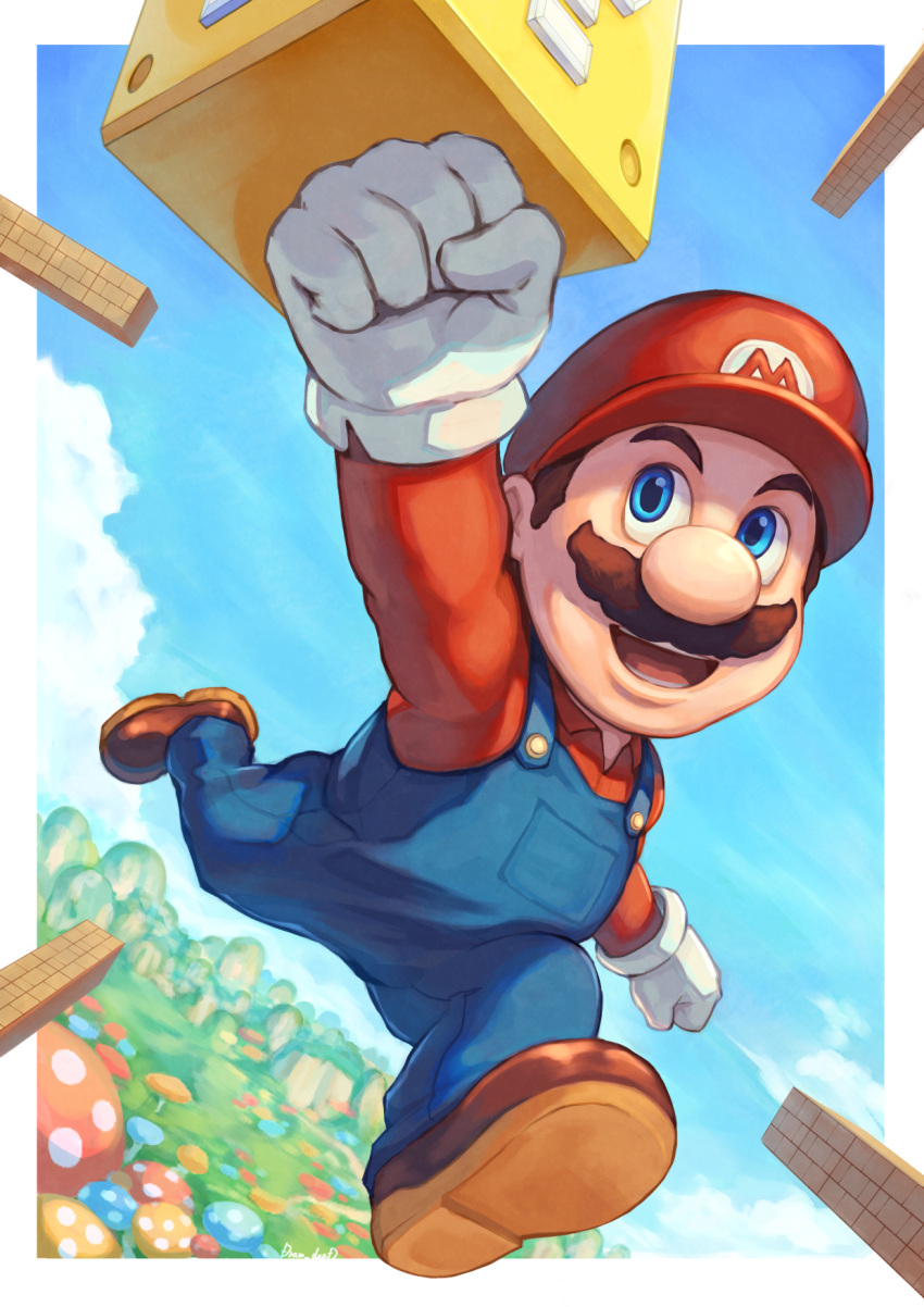 1boy ?_block blue_eyes blue_overalls blue_sky boots brown_footwear brown_hair clenched_hands clouds facial_hair gloves hat highres jumping mario mushroom mustache open_mouth outdoors overalls red_headwear red_shirt shikabane_(draw_tadao14) shirt short_hair sky solo super_mario_bros. the_super_mario_bros._movie white_gloves