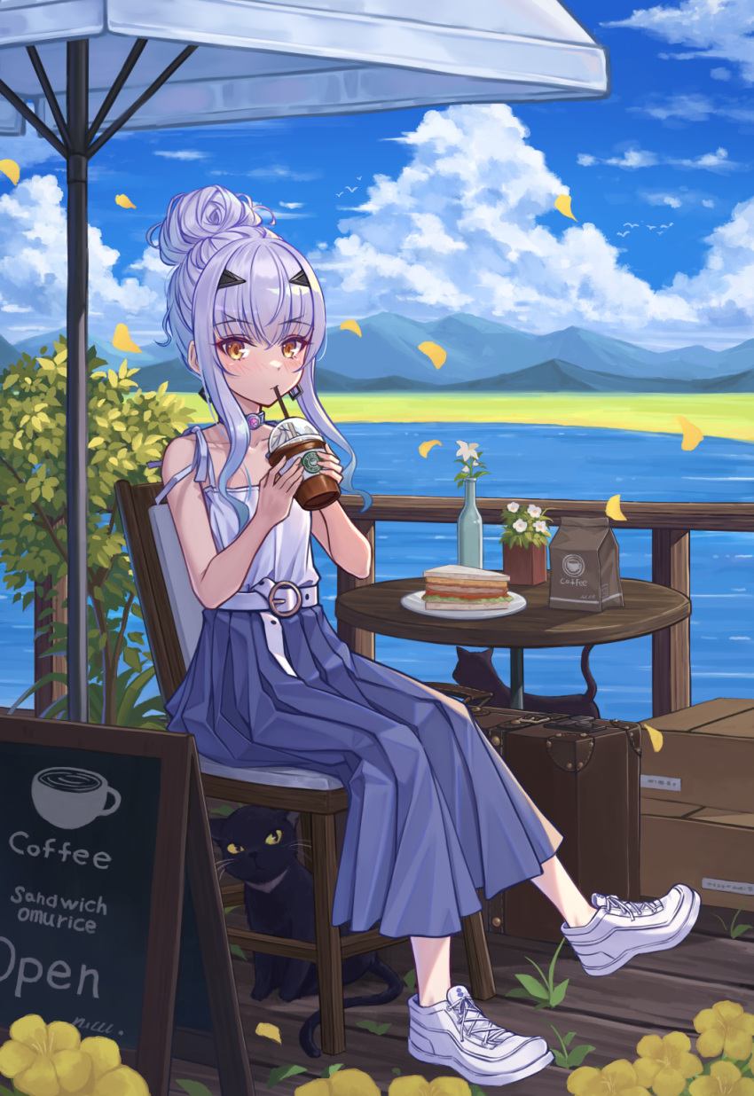 1girl bag black_cat breasts cat coffee drink fairy_knight_lancelot_(fate) fate/grand_order fate_(series) food forked_eyebrows hair_bun highres hoodier long_hair looking_at_viewer sandwich sidelocks small_breasts solo white_hair yellow_eyes