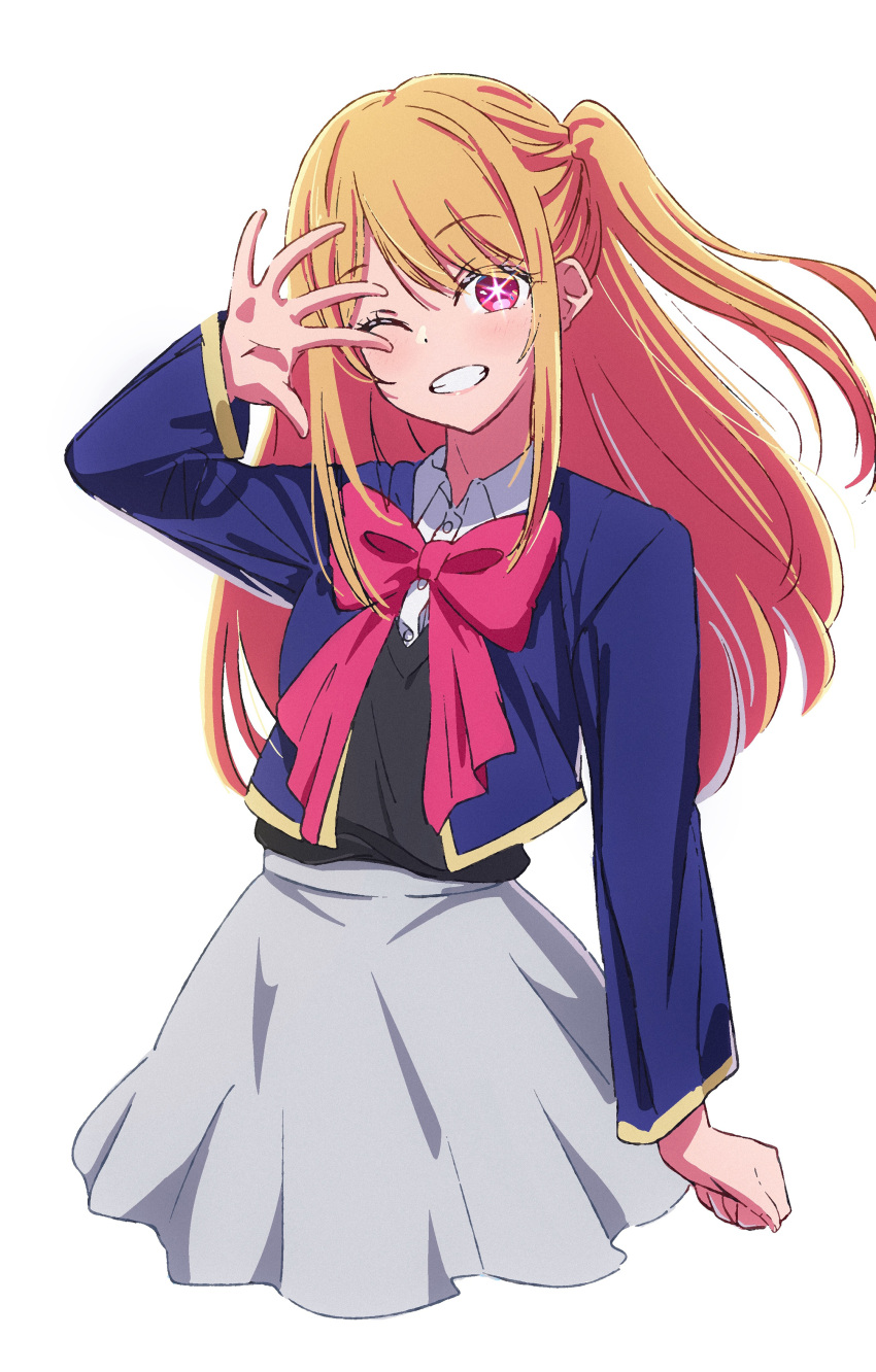 1girl absurdres arm_up black_vest blonde_hair blue_jacket blush bow bowtie clenched_teeth collared_shirt commentary cropped_jacket cropped_legs grey_skirt hair_between_eyes highres hoshino_ruby jacket long_hair long_sleeves looking_at_viewer one_eye_closed one_side_up oshi_no_ko pink_bow pink_bowtie pink_eyes school_uniform shirt sidelocks simple_background skirt smile solo star-shaped_pupils star_(symbol) swept_bangs symbol-shaped_pupils teeth tsmkn26 vest waving white_background white_shirt youtou_high_school_uniform