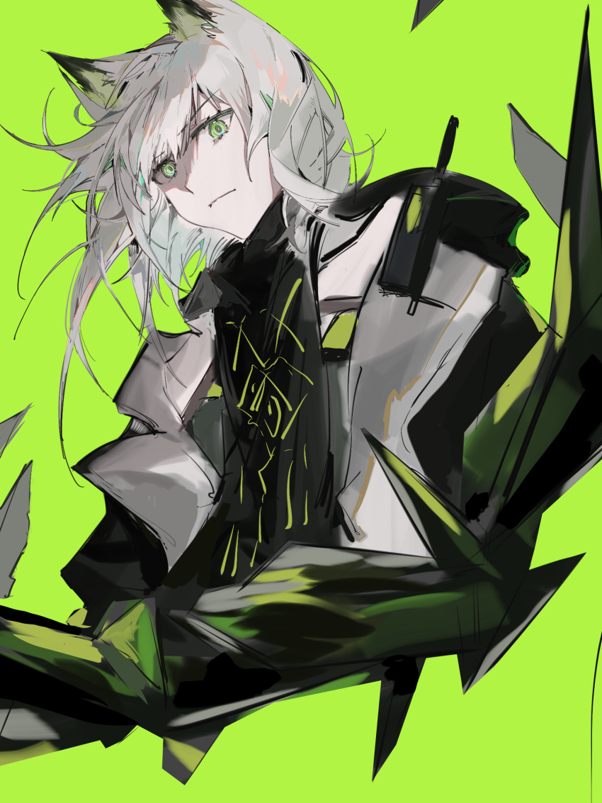 1girl animal_ear_fluff animal_ears arknights black_jacket closed_mouth commentary_request cropped_torso green_background green_eyes grey_hair highres jacket kal'tsit_(arknights) long_hair looking_at_viewer open_clothes open_jacket rencaihaiaihua simple_background solo upper_body