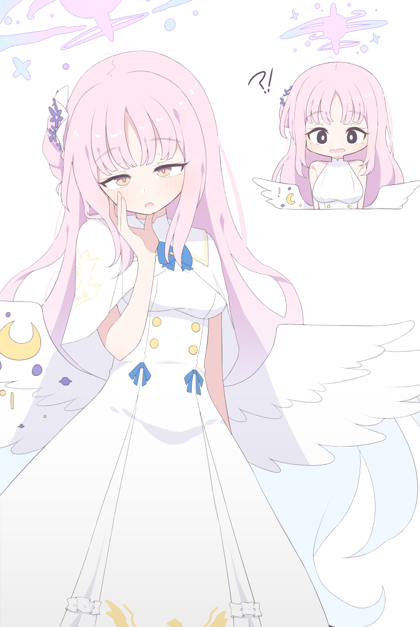 1girl absurdres angel_wings blue_archive dress hagoonha highres long_hair looking_at_viewer mika_(blue_archive) pink_hair simple_background white_background white_dress white_wings wings yellow_eyes