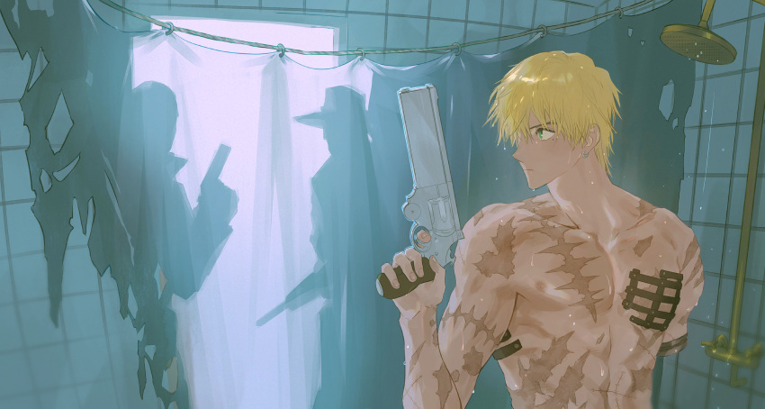 1boy 2others ba3969787585976 blonde_hair blue_eyes closed_mouth curtains earrings gun hand_up highres holding holding_gun holding_weapon jewelry male_focus mole mole_under_eye multiple_others profile revolver scar scar_on_arm scar_on_chest short_hair shower_curtain showering single_earring topless_male trigun trigun_stampede v-shaped_eyebrows vash_the_stampede weapon