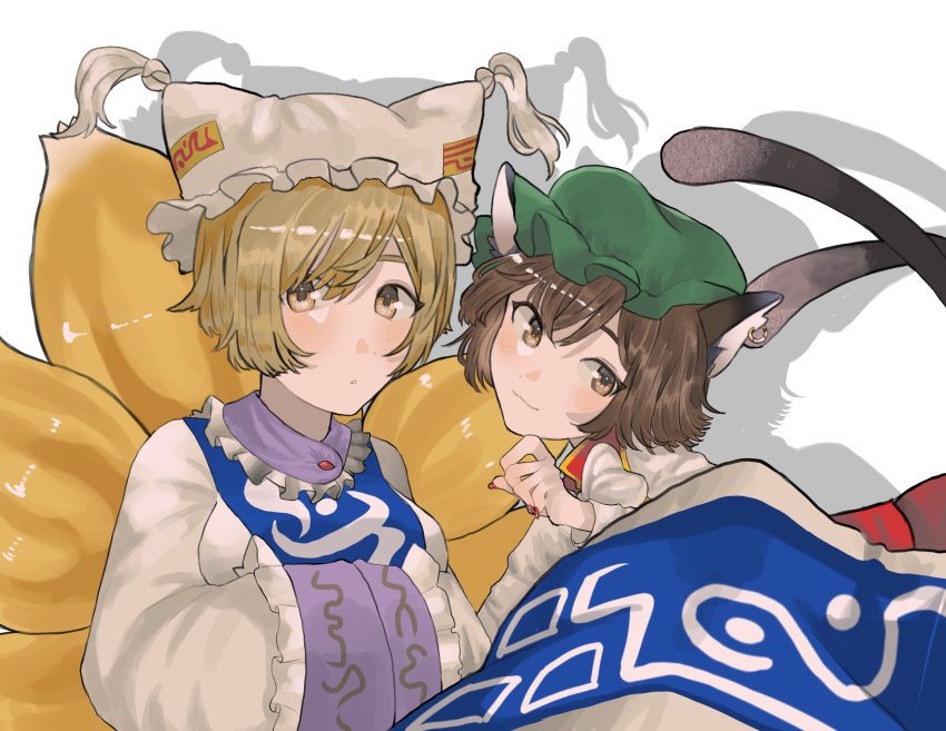 2girls absurdres animal_ears blonde_hair brown_eyes brown_hair cat_ears cat_tail chen closed_mouth drop_shadow earrings eyebrows_hidden_by_hair fox_tail hair_between_eyes hand_up hat highres jewelry kitsune light_blush light_smile looking_at_viewer mob_cap multiple_girls multiple_tails nail_polish nekomata red_nails short_hair simple_background single_earring tail takone touhou two_tails white_background yakumo_ran