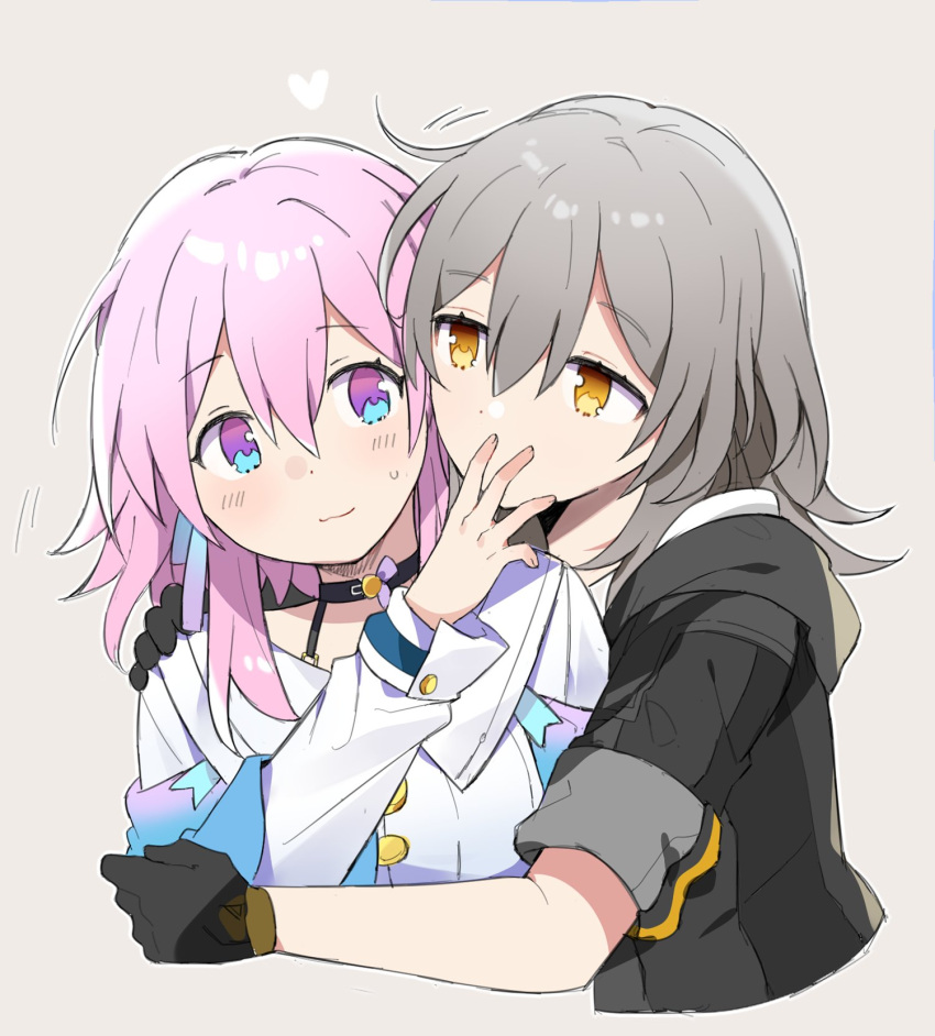2girls black_choker black_gloves black_jacket buttons choker covering_mouth gloves grey_hair hair_between_eyes hand_on_another's_shoulder hand_over_another's_mouth heart highres honkai:_star_rail honkai_(series) hug hug_from_behind jacket jin2 korean_commentary light_blush long_sleeves march_7th_(honkai:_star_rail) medium_hair multicolored_eyes multiple_girls pink_hair simple_background stelle_(honkai:_star_rail) trailblazer_(honkai:_star_rail) upper_body white_sleeves yellow_eyes yuri