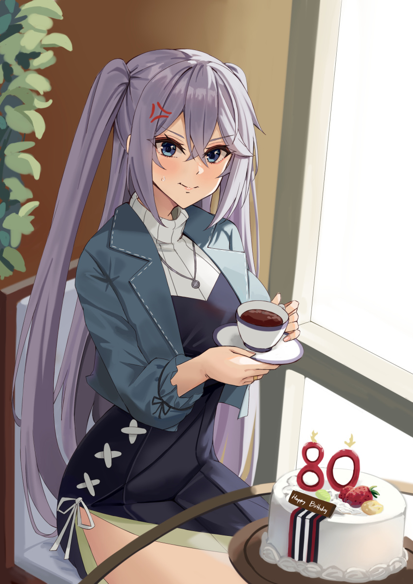 1girl absurdres annoyed azur_lane birthday_cake blue_eyes cafe cake casual coffee commission cup dress food grey_hair hair_between_eyes highres holding holding_cup intrepid_(azur_lane) jewelry looking_at_viewer necklace ring saucer sidelocks smodzz998 thighs two_side_up wedding_ring window