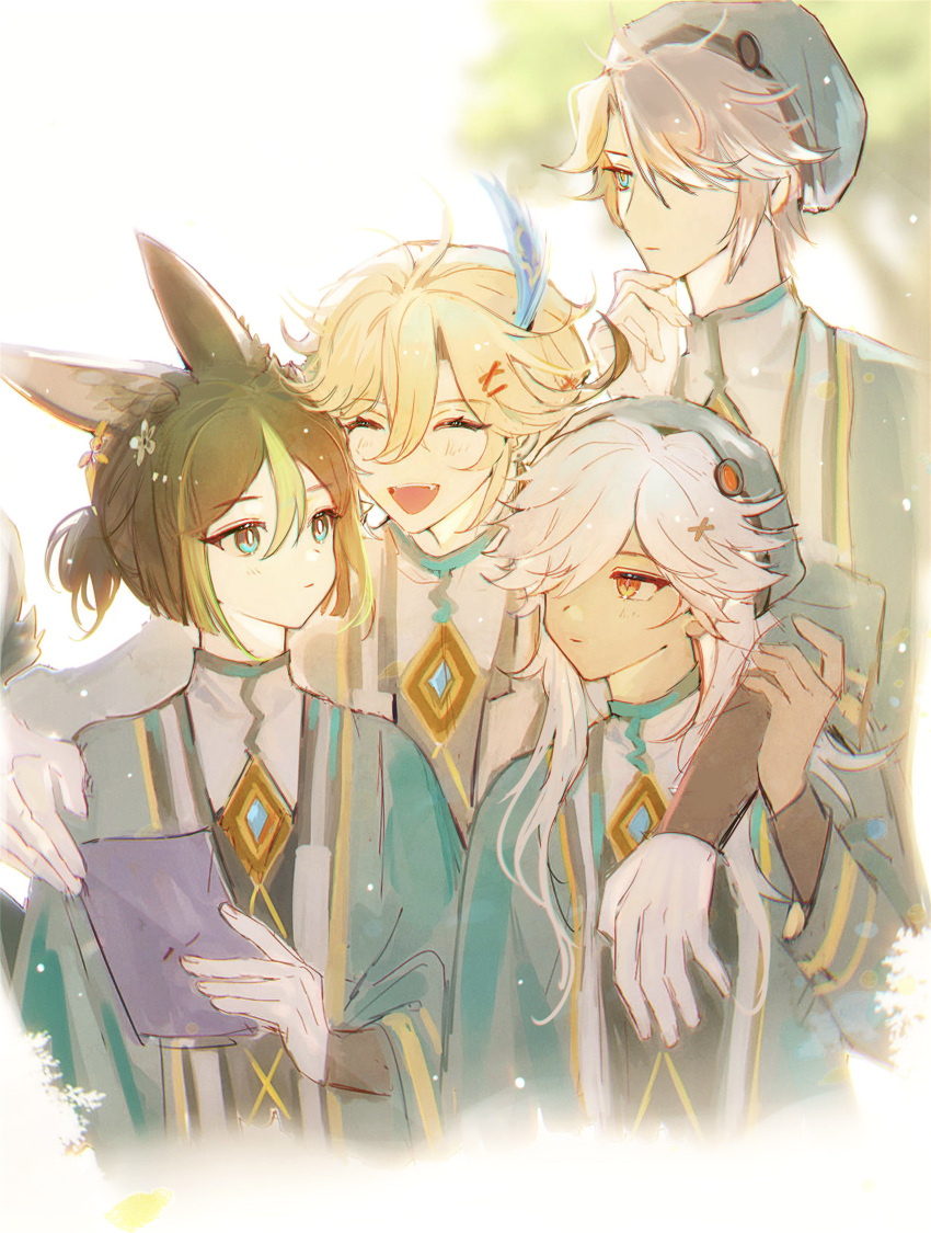 4boys ^_^ absurdres akademiya_uniform alhaitham_(genshin_impact) animal_ear_fluff animal_ears arm_around_shoulder black_hair blonde_hair blush bright_pupils brown_eyes closed_eyes closed_mouth commentary_request cyno_(genshin_impact) dark-skinned_male dark_skin earrings english_commentary expressionless eyelashes feather_hair_ornament feathers fox_boy fox_ears fox_tail genshin_impact gold_trim green_eyes green_hair green_headwear green_jacket grey_hair hair_between_eyes hair_ornament hair_over_one_eye hand_on_own_chin hand_up happy hat highres jacket jewelry kaveh_(genshin_impact) light_particles long_hair long_sleeves looking_at_another looking_away male_focus mixed-language_commentary multicolored_eyes multicolored_hair multiple_boys one_eye_covered open_clothes open_jacket open_mouth parted_bangs ponytail red_eyes shirt short_hair short_ponytail sidelocks simple_background single_earring smile swept_bangs tail teeth tighnari_(genshin_impact) tree two-tone_hair upper_body upper_teeth_only white_background white_hair white_shirt x_hair_ornament yama_(yamaxxxaoi)