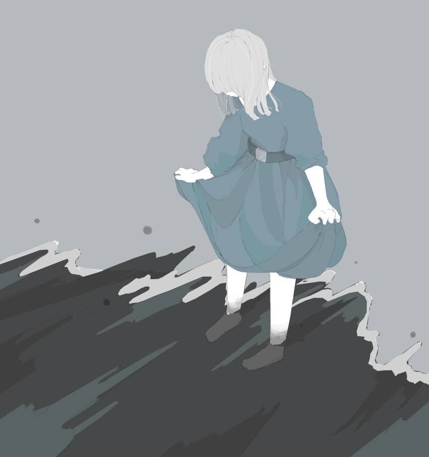 1girl absurdres barefoot belt blue_dress buckle dress from_above full_body grey_hair highres long_bangs long_sleeves looking_down medium_hair nocopyrightgirl ocean original pale_skin partially_submerged skirt_hold sleeves_rolled_up solo standing