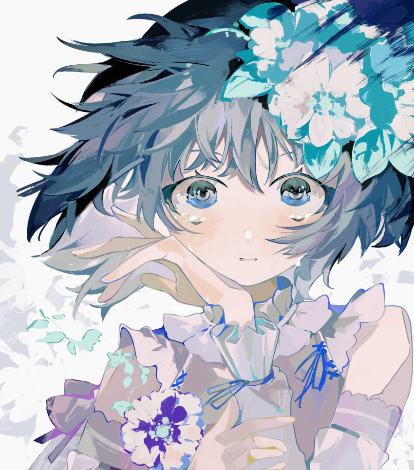 1girl absurdres black_eyes black_hair blue_flower blush bob_cut choker choppy_bangs crying crying_with_eyes_open detached_sleeves falling_petals flower frilled_choker frilled_sleeves frills hair_flower hair_ornament hand_on_own_cheek hand_on_own_face highres long_bangs looking_at_viewer open_hand original parted_lips petals portrait short_hair simple_background solo straight-on tears toasu white_background white_flower white_sleeves