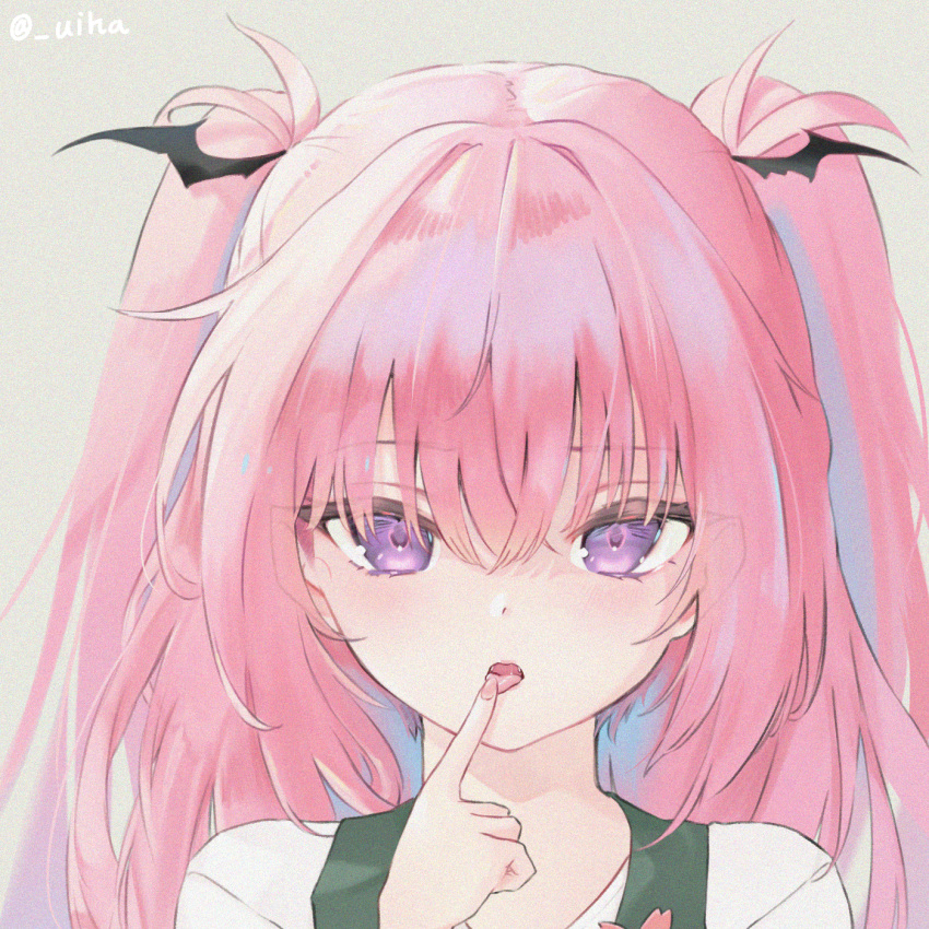 1girl blush commentary_request demon_girl demon_wings finger_to_tongue grey_background hair_between_eyes head_wings highres long_hair looking_at_viewer original pink_hair portrait sakyumama_(kedama_milk) sidelocks simple_background solo tongue tongue_out twintails twitter_username uiha_(user_rrdn4833) upper_body violet_eyes wings