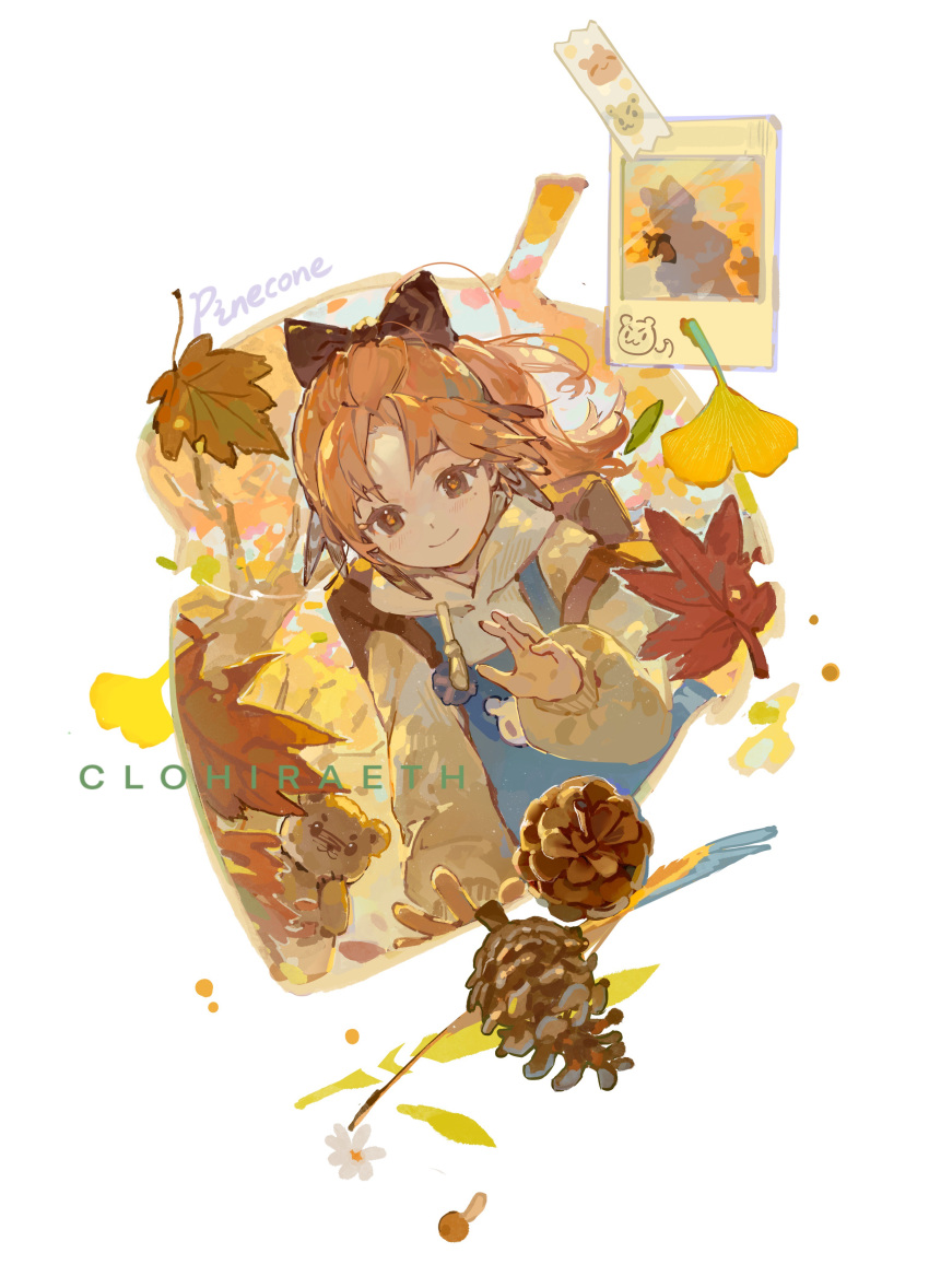 1girl absurdres apron arknights autumn_leaves backpack bag blue_apron bow brown_bow brown_eyes brown_hair brown_hoodie character_name closed_mouth hair_bow highres hood hood_down hoodie leaf long_sleeves maple_leaf mushroom name_connection object_namesake photo_(object) pinecone pinecone_(arknights) puffy_long_sleeves puffy_sleeves qinghejunzi sleeves_past_wrists smile solo