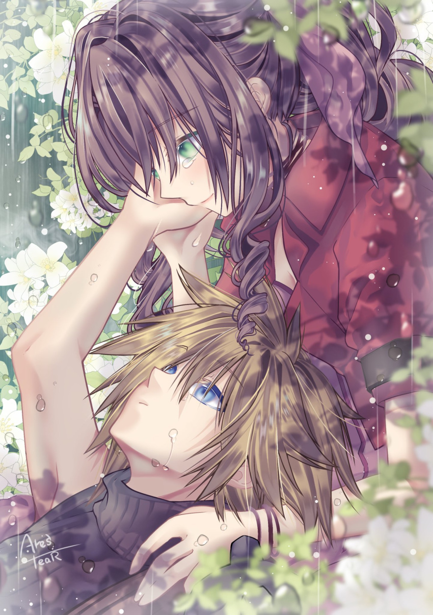 1boy 1girl aerith_gainsborough arestear0701 blonde_hair blue_eyes brown_hair cloud_strife final_fantasy final_fantasy_vii final_fantasy_vii_remake flower green_eyes hand_on_another's_cheek hand_on_another's_face happy_tears highres jacket light_smile rain red_jacket ribbon spiky_hair teardrop tearing_up tears turtleneck water_drop wavy_hair