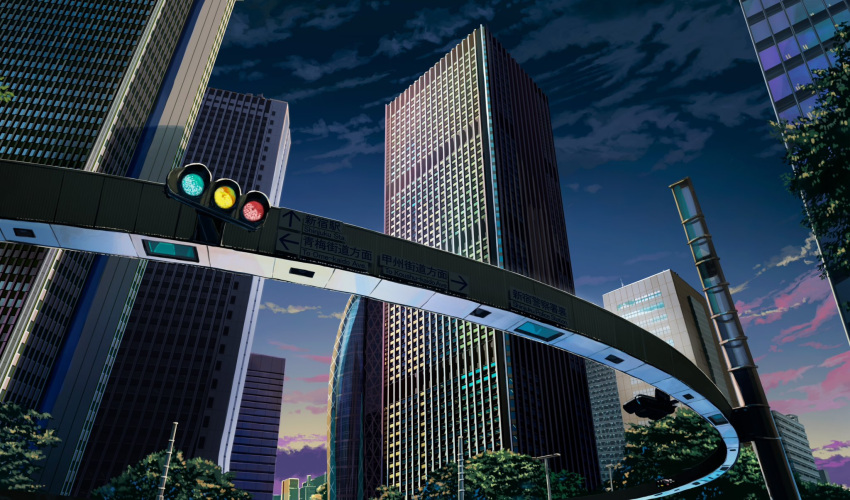 blue_sky building city cityscape english_text highres monorail no_humans noki_0504 original scenery sign sky skyscraper sunset tower traffic_light tree yellow_sky