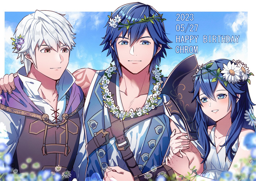 1girl 2boys ameno_(a_meno0) arm_tattoo bare_shoulders blue_eyes blue_sky blue_vest blush brown_eyes cape character_name chrom_(fire_emblem) chrom_(valentine)_(fire_emblem) clouds collarbone collared_shirt dated dress father_and_daughter fire_emblem fire_emblem_awakening fire_emblem_heroes flower hair_flower hair_ornament hand_on_another's_shoulder happy_birthday head_wreath height_difference long_hair looking_at_another looking_at_viewer lucina_(fire_emblem) lucina_(valentine)_(fire_emblem) multiple_boys muscular muscular_male official_alternate_costume purple_cape robin_(fire_emblem) robin_(male)_(fire_emblem) robin_(male)_(valentine)_(fire_emblem) shirt short_hair sky sleeveless sleeveless_dress sleeveless_shirt smile tattoo vest white_dress white_flower white_hair white_shirt