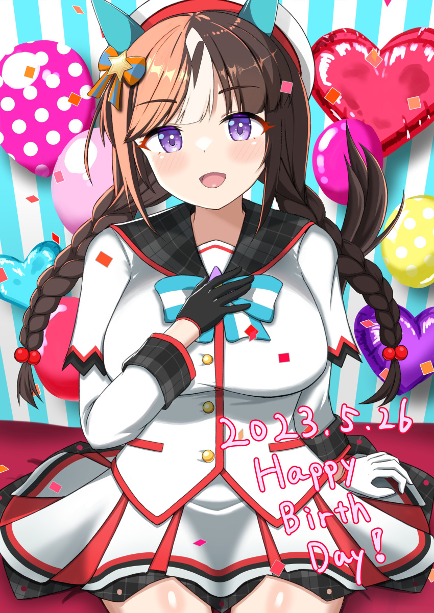 1girl absurdres animal_ears asymmetrical_gloves balloon black_gloves black_hair blush bow braid breasts cut_bangs dated ear_covers gloves hair_bow hand_on_own_chest happy_birthday highres hokko_tarumae_(umamusume) horse_ears horse_girl large_breasts long_sleeves looking_at_viewer miniskirt miya_(m9kl) multicolored_hair shirt sitting skirt smile solo twin_braids two-tone_hair umamusume violet_eyes white_gloves white_hair white_headwear white_shirt