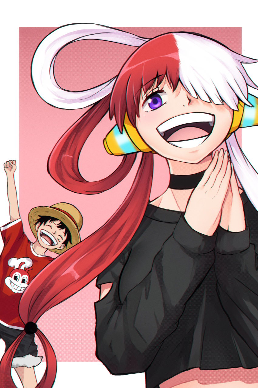1boy 1girl absurdres choker hair_over_one_eye happy hat headphones highres jollibee kuronami616 long_sleeves looking_at_viewer monkey_d._luffy one_piece one_piece_film:_red open_mouth shorts simple_background straw_hat uta_(one_piece) violet_eyes