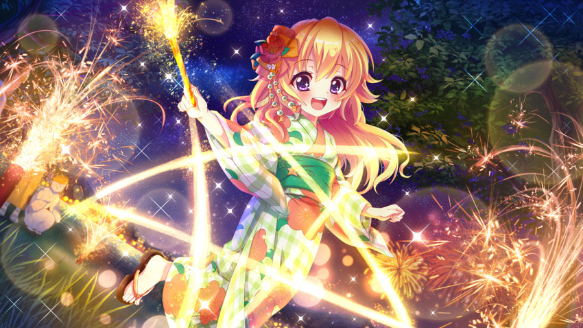 2girls 2others blonde_hair blush city_lights dot_nose dutch_angle film_grain fireworks flip-flops floral_print flower game_cg grass green_kimono green_sash hair_flower hair_ornament hasegawa_mii holding_fireworks izumi_tsubasu japanese_clothes kimono lens_flare light_reflection_(water) multiple_girls multiple_others night night_sky non-web_source official_art open_mouth outdoors plaid_kimono print_kimono re:stage! red_flower sandals sash sky smile solo_focus sparkle sparkler standing standing_on_one_leg star_(sky) star_(symbol) starry_sky teeth tree upper_teeth_only violet_eyes water white_kimono