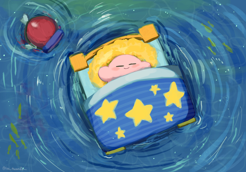 afloat bed blipper blush_stickers closed_eyes colored_skin copy_ability creature fish goggles highres kirby kirby_(series) leo_taranza no_humans pillow pink_skin ripples sleeping smile star_(symbol) under_covers