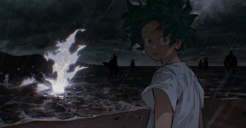 1girl 6+boys absurdres all_might arms_at_sides beach blurry boku_no_hero_academia chinese_commentary chromatic_aberration clouds constricted_pupils dark depth_of_field en_(boku_no_hero_academia) english_commentary floating_cape floating_clothes floating_hair freckles glowing green_hair hair_bun half_updo high_ponytail highres hill horizon lariat_(boku_no_hero_academia) looking_at_viewer looking_back midoriya_izuku mixed-language_commentary multiple_boys ocean open_mouth outdoors overcast pao_jiao_yu_pao_jiao rain sand shigaraki_yoichi shimura_nana shirt short_hair short_sleeves silhouette single_hair_bun sky spoilers standing t-shirt turning_head wading water waves white_shirt wide-eyed wind yagi_toshinori