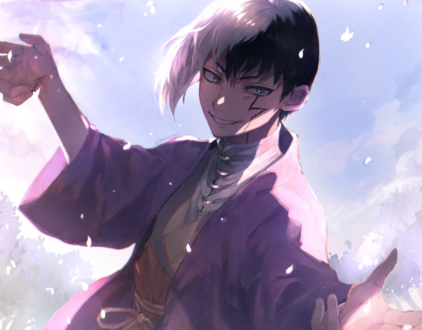 1boy asagiri_gen black_hair cowboy_shot day dr._stone falling_petals grin hands_up highres jacket long_sleeves looking_at_viewer male_focus multicolored_hair outdoors petals purple_jacket scar scar_on_face shirt short_hair smile solo standing teeth tsurime two-tone_hair violet_eyes white_hair white_shirt wide_sleeves yu_(zatta13chan)