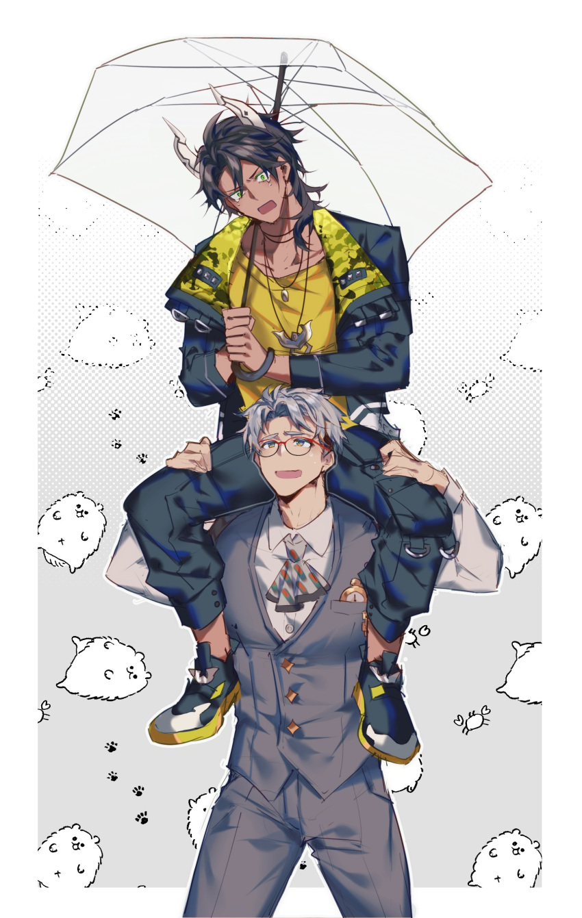 2boys :d absurdres animal_background aragami_oga arurandeisu ascot black_footwear black_hair black_pants border breast_pocket buttons carrying collared_shirt commentary constricted_pupils cowboy_shot crying crying_with_eyes_open dark-skinned_male dark_skin diamond_button full_body furrowed_brow glasses gradient_background green_eyes grey_ascot grey_background grey_eyes grey_hair grey_pants grey_vest hair_between_eyes highres hikariemochi holding holding_umbrella holostars horns jacket jewelry male_focus medium_hair multiple_boys necklace official_alternate_costume open_clothes open_jacket open_mouth outside_border pants parted_bangs paw_print paw_print_background pendant pocket pocket_watch pomeranian_(dog) red-framed_eyewear sharp_teeth shirt shoes short_hair shoulder_carry smile standing sweatdrop symbol-only_commentary tears teeth transparent transparent_umbrella umbrella vest virtual_youtuber watch white_border white_shirt yellow_shirt