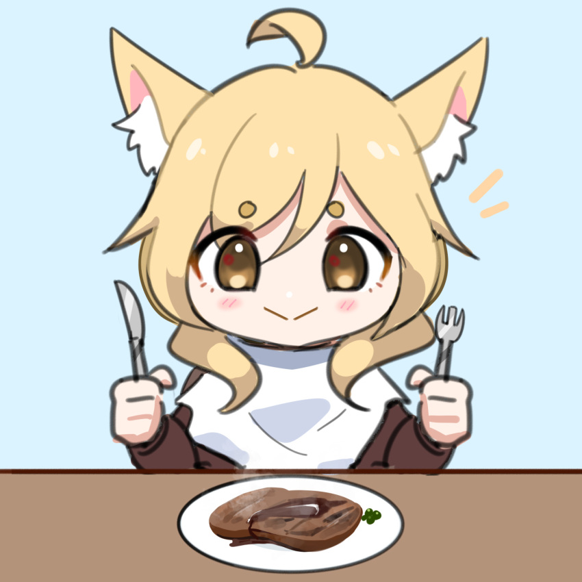 1girl ahoge animal_ear_fluff animal_ears arknights blonde_hair blue_background brown_eyes brown_shirt closed_mouth food fork hair_between_eyes highres holding holding_fork holding_knife horse_ears knife long_sleeves plate shirt simple_background smile solo steak supershrimpcakes upper_body