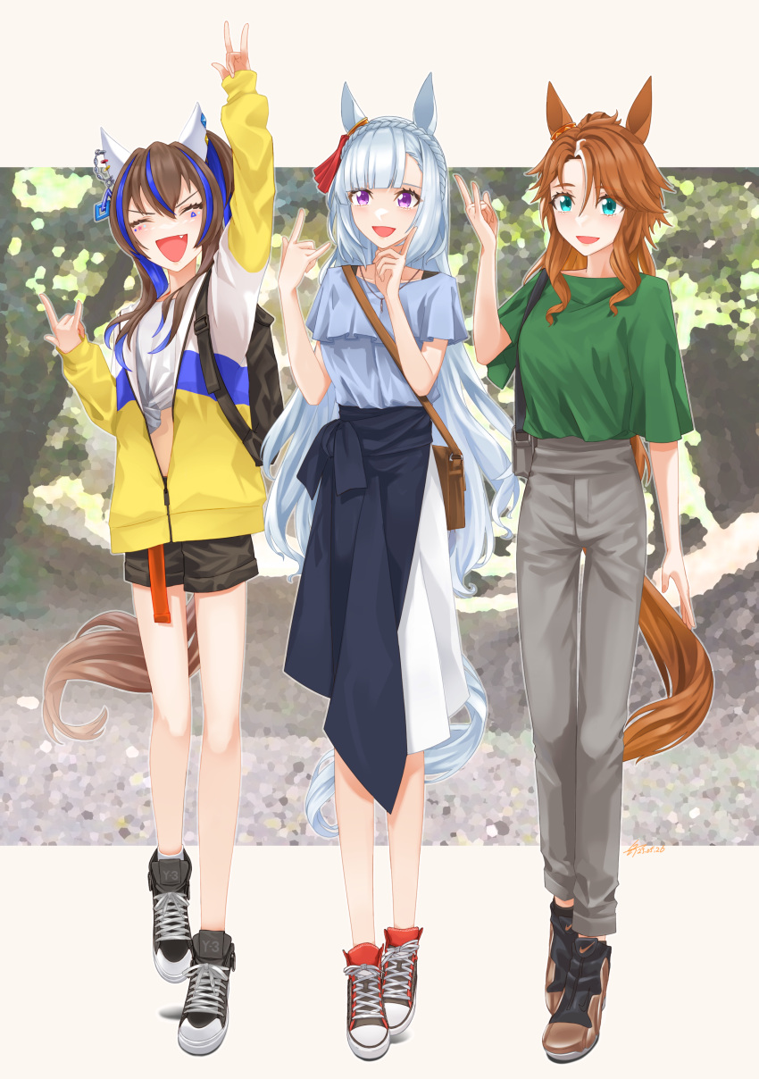 3girls \m/ absurdres alternate_costume animal_ears arm_up backpack bag black_footwear black_shorts blue_hair braid brown_footwear brown_hair closed_eyes commission crown_braid daitaku_helios_(umamusume) double_\m/ ear_covers fang full_body green_eyes green_shirt grey_pants handbag high_tops highres horse_ears horse_girl horse_tail jacket jewelry long_sleeves looking_at_another mejiro_ardan_(umamusume) mejiro_palmer_(umamusume) multicolored_hair multiple_girls necklace open_mouth pants partially_unzipped red_footwear shirt shirt_tucked_in shoes short_shorts short_sleeves shorts shoulder_bag side_ponytail silenxe skeb_commission skirt smile sneakers socks streaked_hair tail tied_shirt umamusume violet_eyes white_shirt white_socks y-3_(brand) yellow_jacket