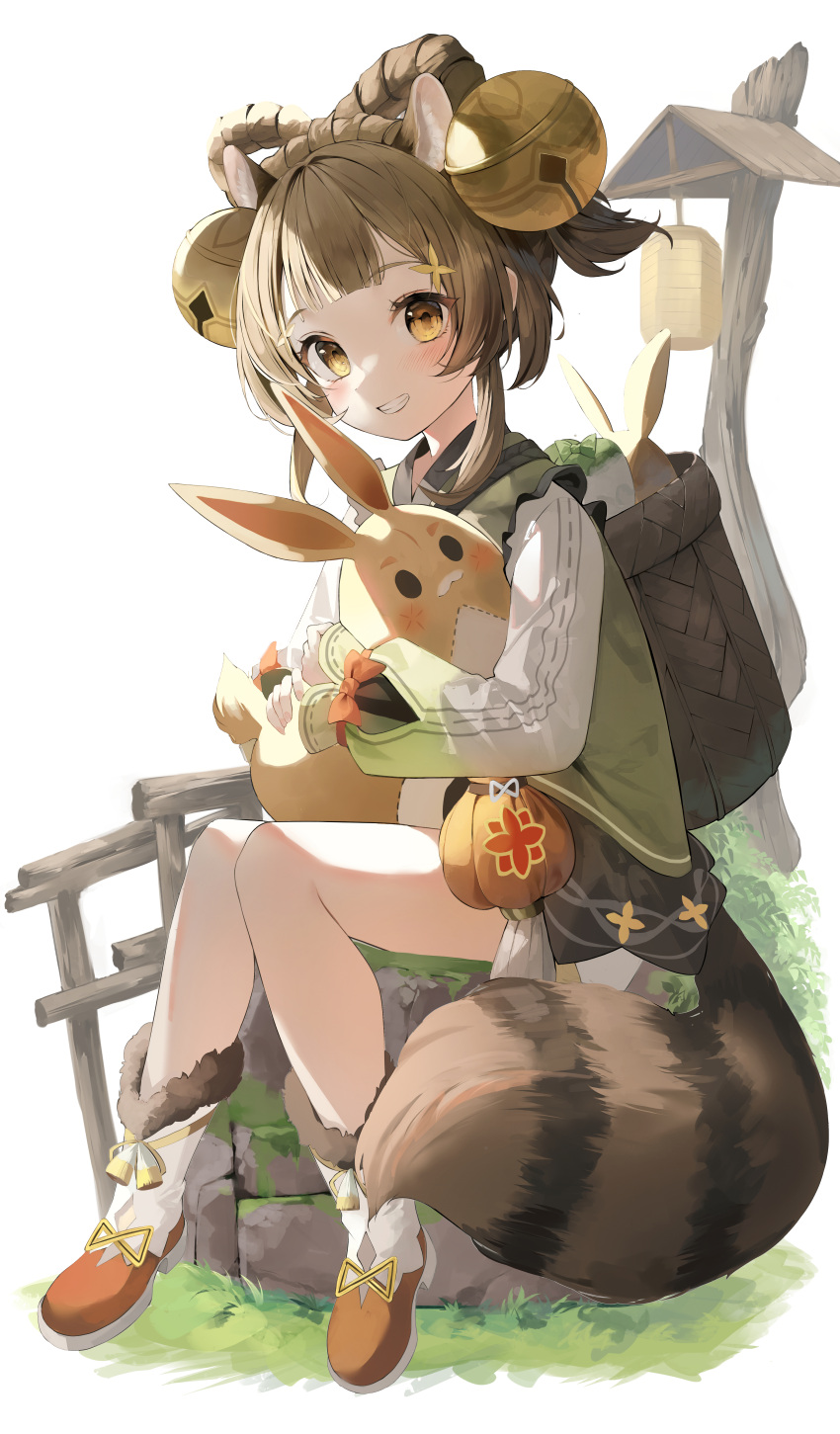 1girl absurdres animal_ears animal_ears_(norankkori) basket bell blunt_bangs blush boots bow-shaped_hair brown_eyes brown_hair english_commentary fur-trimmed_boots fur_trim genshin_impact hair_bell hair_ornament highres hug jingle_bell long_sleeves looking_at_viewer object_hug radish short_hair sitting smile solo teeth white_background yaoyao_(genshin_impact)