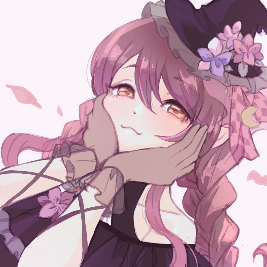 1girl 47_m00n :3 black_dress braid brown_eyes dress falling_petals flower frilled_gloves frilled_hat frills gloves hands_on_own_cheeks hands_on_own_face hat highres idolmaster idolmaster_shiny_colors looking_at_viewer mini_hat osaki_tenka petals redhead see-through_gloves smile solo twin_braids witch_hat