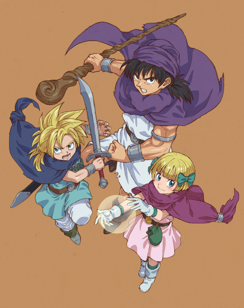 1girl 2boys aqua_tunic armlet belt black_eyes black_hair blonde_hair blue_cloak blue_eyes blunt_bangs boots bow bracelet brother_and_sister cape clenched_hand cloak closed_mouth commentary_request dragon_quest dragon_quest_v dress father_and_daughter father_and_son female_child fighting_stance full_body gloves green_bow green_socks hair_bow hero's_daughter_(dq5) hero's_son_(dq5) hero_(dq5) highres holding holding_staff holding_sword holding_weapon jewelry long_hair looking_at_viewer looking_to_the_side low_ponytail magic male_child multiple_boys open_mouth pants parted_lips pink_cloak pink_dress purple_cloak purple_headwear serious short_hair siblings simple_background smile socks spiky_hair staff sword tanuki_koubou teeth toned toned_male torn_clothes turban twins weapon white_footwear white_gloves white_pants white_tunic