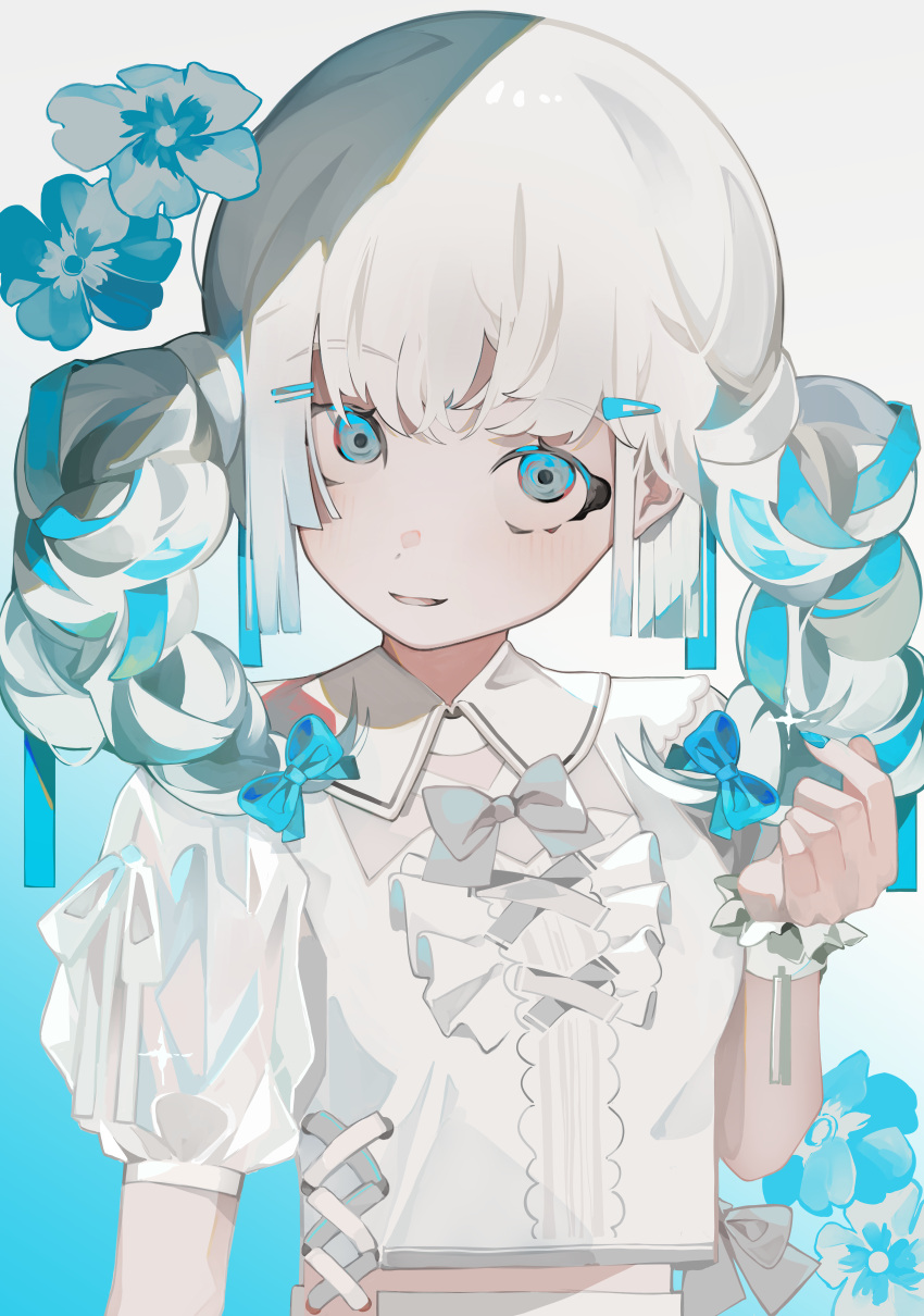 1girl absurdres blue_bow blue_flower blue_hair blue_nails bow braid center_frills flower frilled_shirt frills grey_eyes grey_hair hair_bow hair_ornament hairclip head_tilt highres looking_at_viewer midriff_peek multicolored_hair nail_polish original puffy_short_sleeves puffy_sleeves shadow shirt shirt_overhang short_sleeves simple_background solo sparkle toasu twin_braids two-tone_hair unusually_open_eyes upper_body white_background white_shirt