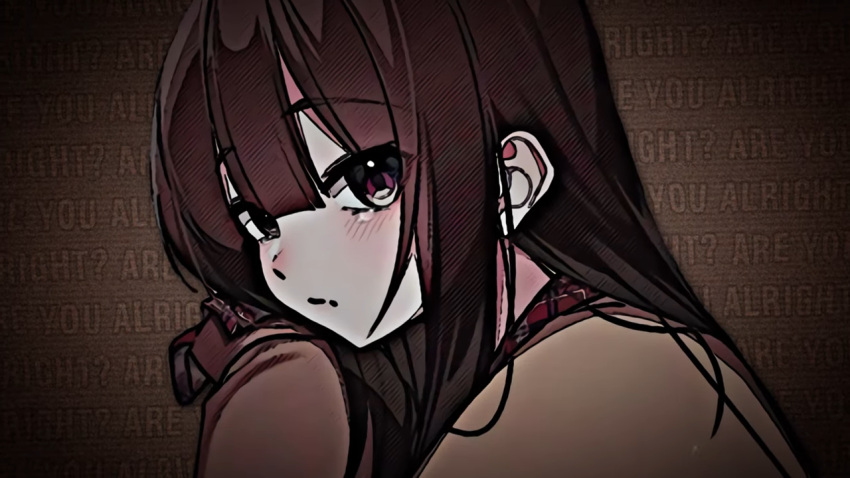 1girl artist_request blunt_bangs brown_hair character_request check_character closed_mouth copyright_request long_hair long_sleeves looking_at_viewer non-web_source sad source_request tearing_up very_long_hair