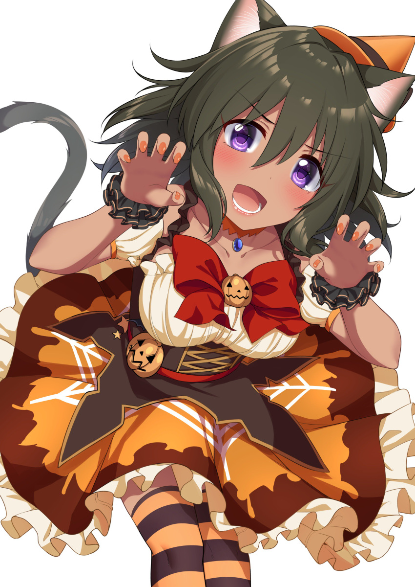 1girl absurdres animal_ears bare_shoulders black_hair black_scrunchie blush bow bowtie breasts cat_ears cat_tail choker claw_pose collarbone cowboy_shot dark-skinned_female dark_skin detached_sleeves dot_nose dress fake_animal_ears fake_tail frilled_dress frills gem go-1 halloween hat highres idolmaster idolmaster_cinderella_girls idolmaster_cinderella_girls_starlight_stage jack-o'-lantern large_breasts leaning_forward looking_at_viewer multicolored_thighhighs nail_polish natalia_(idolmaster) open_mouth orange_choker orange_dress orange_headwear orange_nails red_bow red_bowtie scrunchie short_hair simple_background sleeveless sleeveless_dress smile solo striped striped_thighhighs tail thigh-highs violet_eyes white_background