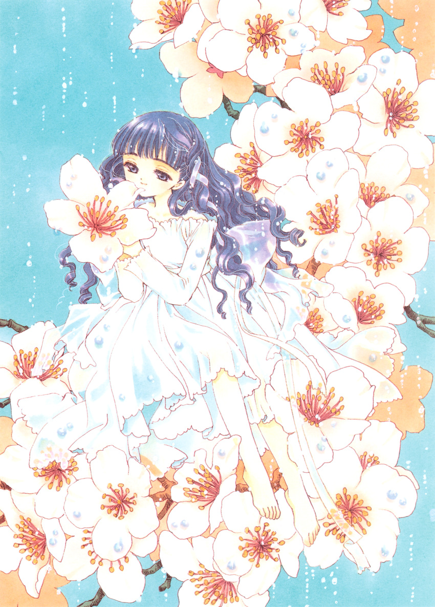 1990s_(style) 1girl absurdres barefoot blunt_bangs cardcaptor_sakura clamp_(circle) closed_mouth daidouji_tomoyo dress flower happy highres long_hair long_sleeves non-web_source official_art purple_hair retro_artstyle smile source_request wavy_hair white_dress