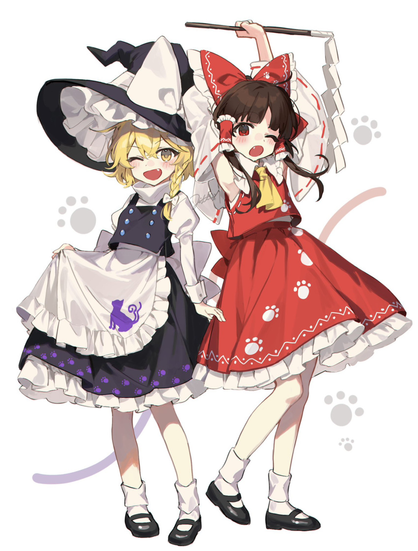 2girls ;d ;o apron armpits arms_up ascot black_skirt black_vest blonde_hair blunt_bangs blush bow braid brown_hair detached_sleeves fang flat_chest full_body gohei hair_bow hair_ribbon hair_tubes hakurei_reimu hat highres holding holding_gohei jill_07km kirisame_marisa long_hair long_sleeves looking_at_viewer multiple_girls one_eye_closed open_mouth paw_print petticoat red_eyes red_ribbon red_skirt red_vest ribbon short_hair short_hair_with_long_locks signature simple_background skirt skirt_set smile standing touhou turtleneck vest waist_apron white_background white_ribbon wide_sleeves wily_beast_and_weakest_creature witch_hat yellow_ascot yellow_eyes