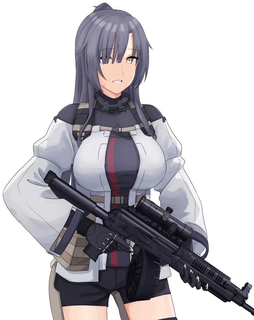 absurdres angelia_(girls'_frontline) breasts cyka girls_frontline gloves grey_hair gun highres light_machine_gun rpk-16 rpk-16_(girls'_frontline) scar scar_on_face scope short_shorts shorts tactical_clothes throat_microphone trigger_discipline weapon yellow_eyes