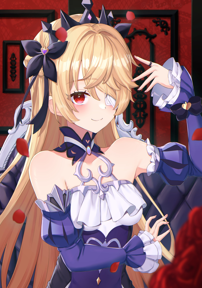 1girl absurdres alternate_eye_color bare_shoulders blonde_hair blush breasts choker chuunibyou detached_sleeves dress eyepatch fischl_(ein_immernachtstraum)_(genshin_impact) fischl_(genshin_impact) frills gem genshin_impact hair_over_one_eye hair_ribbon highres jewelry long_hair long_sleeves looking_at_viewer official_alternate_costume official_alternate_eye_color purple_choker purple_dress purple_gemstone purple_ribbon purple_sleeves red_eyes ribbon single_leg_pantyhose smile solo thigh-highs tiara user_rvrm5383
