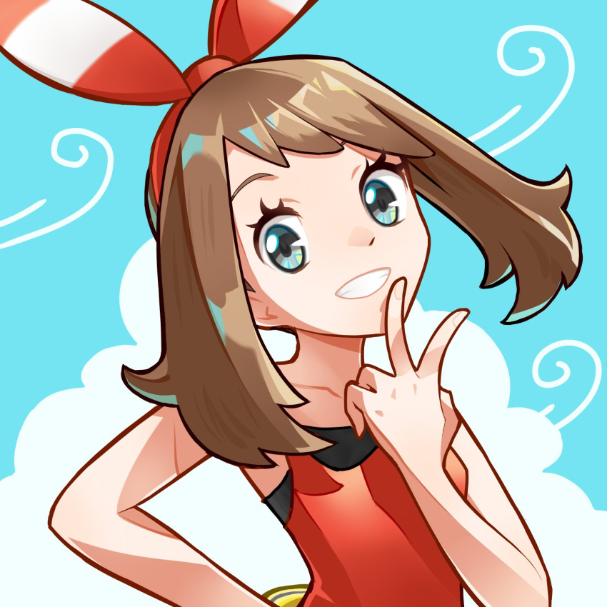 1girl bow_hairband brown_hair clouds commentary_request eyelashes fanny_pack ffccll grin hairband hand_up highres looking_at_viewer may_(pokemon) outdoors pokemon pokemon_(game) pokemon_oras shirt sky sleeveless sleeveless_shirt smile solo teeth upper_body v wind yellow_bag