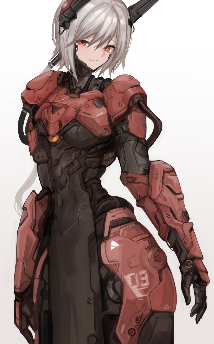 1girl absurdres aokuma_(yuuran_create) arms_at_sides fang grey_background grey_hair headgear highres long_hair looking_at_viewer low_ponytail original power_armor red_eyes science_fiction skin_fang solo tabard